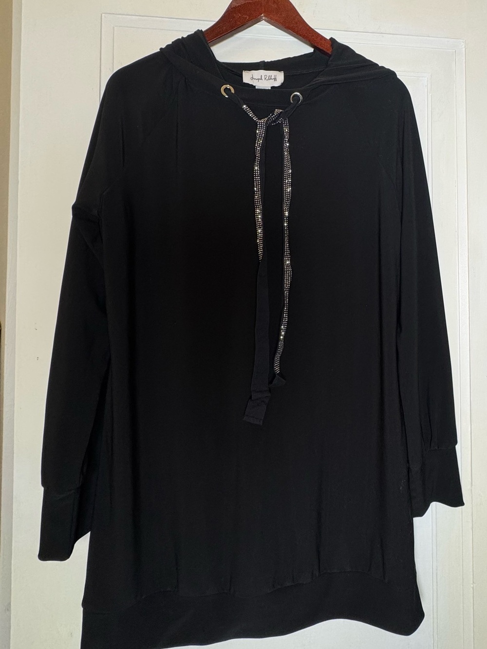 Joseph Ribkoff Black Hooded Longline Top with Sparkle Drawstring